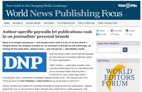 Screencap van bericht over DNP op de site van World Association of Newspapers and News Publishers. 